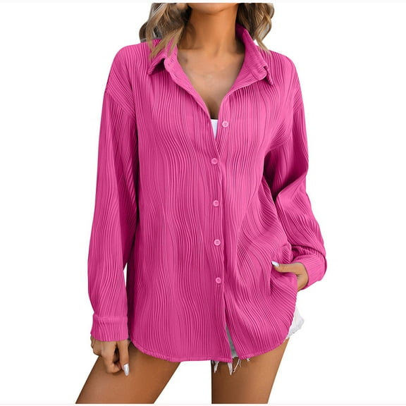 Annhoo Button down Shirts for Women Fall Long Sleeve Lapel Textured Blouses Elegant Office Work Dress Tops