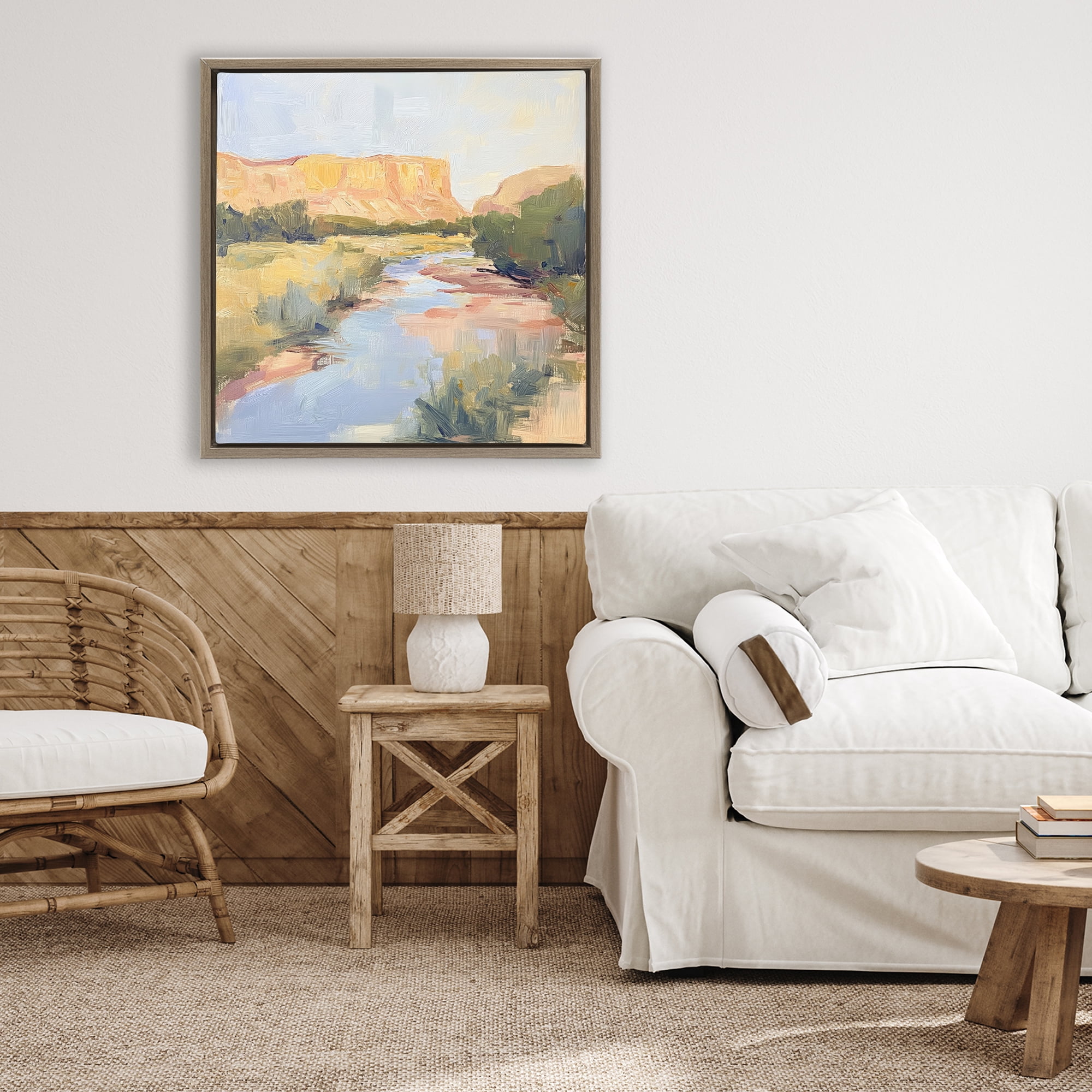 Stupell Industries Painted Plateau River Reflection Brown Framed Floater Canvas Wall Art, design by Petal Prints Design