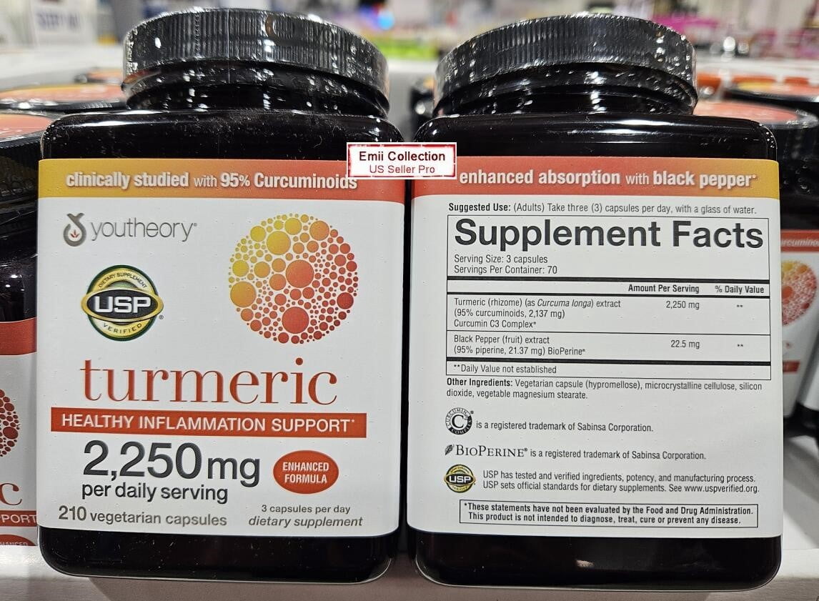 Youtheory Turmeric Healthy Inflammation Support Enhanced Formula 210 Vegetarian Capsules (2 Jars)