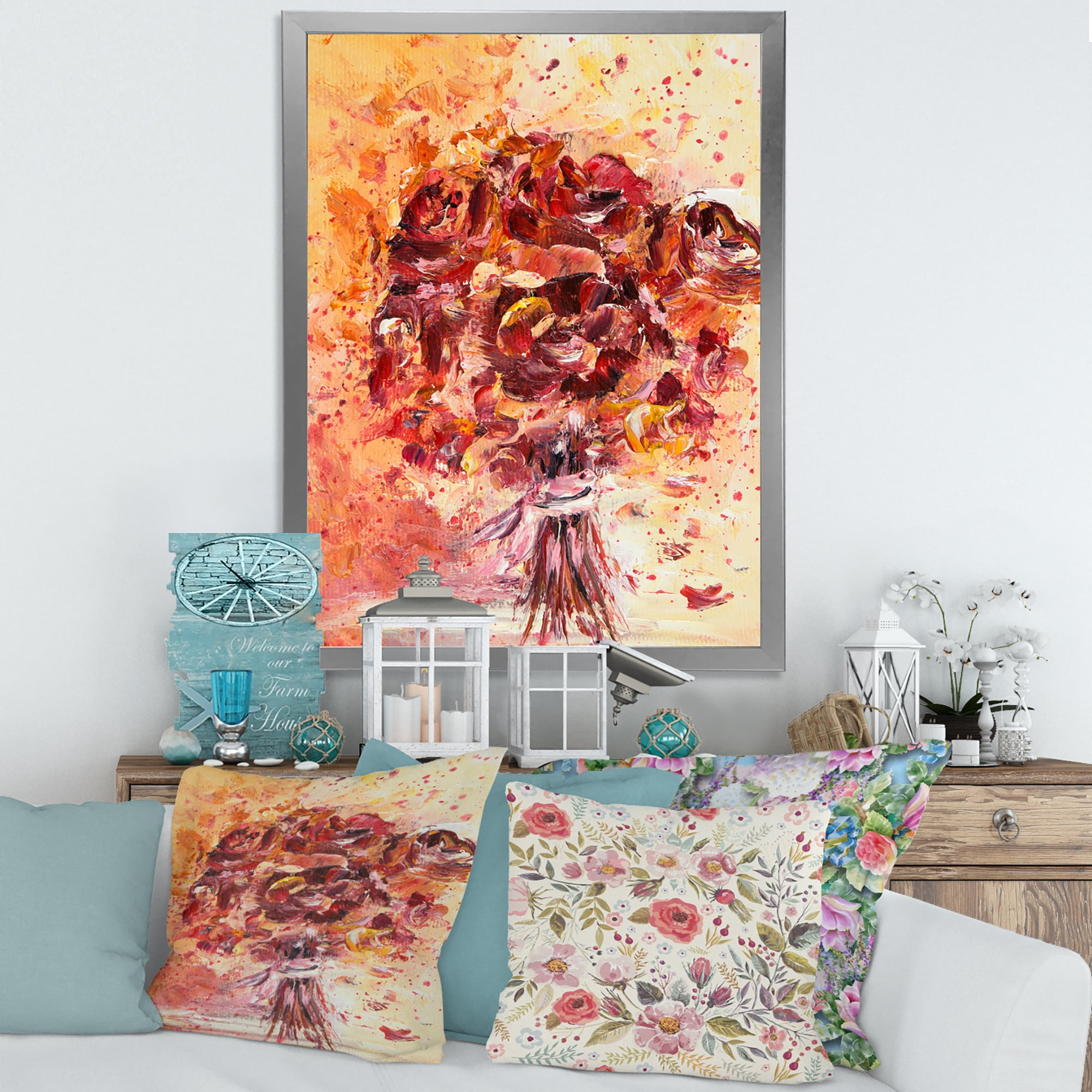 Designart 'Ancient Red Fresh Flowers Bouquet' Traditional Framed Art Print