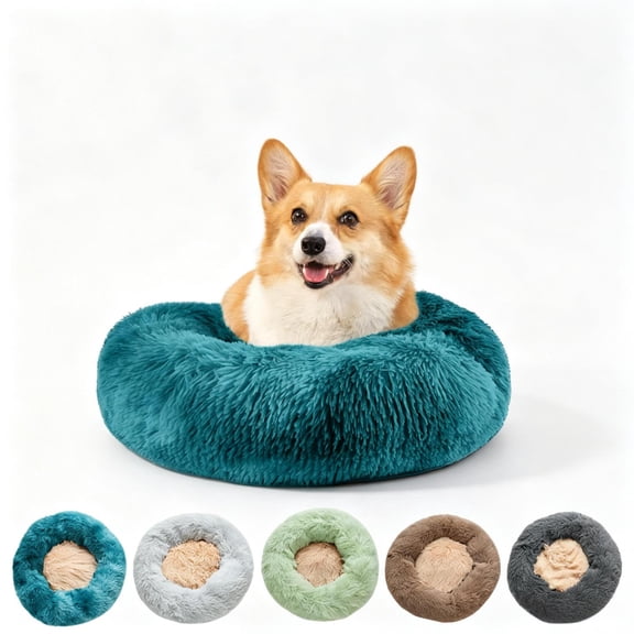 Qocolcyl Gray 16in Fluffy Donut Calming Dog Cat Bed, 80% Polyester Anti Anxiety Round Pet Nest, Winter Warm Non Slip Machine Washable Cozy Sleeping Cushion for Small Medium Dogs & Cats Up to 15lbs