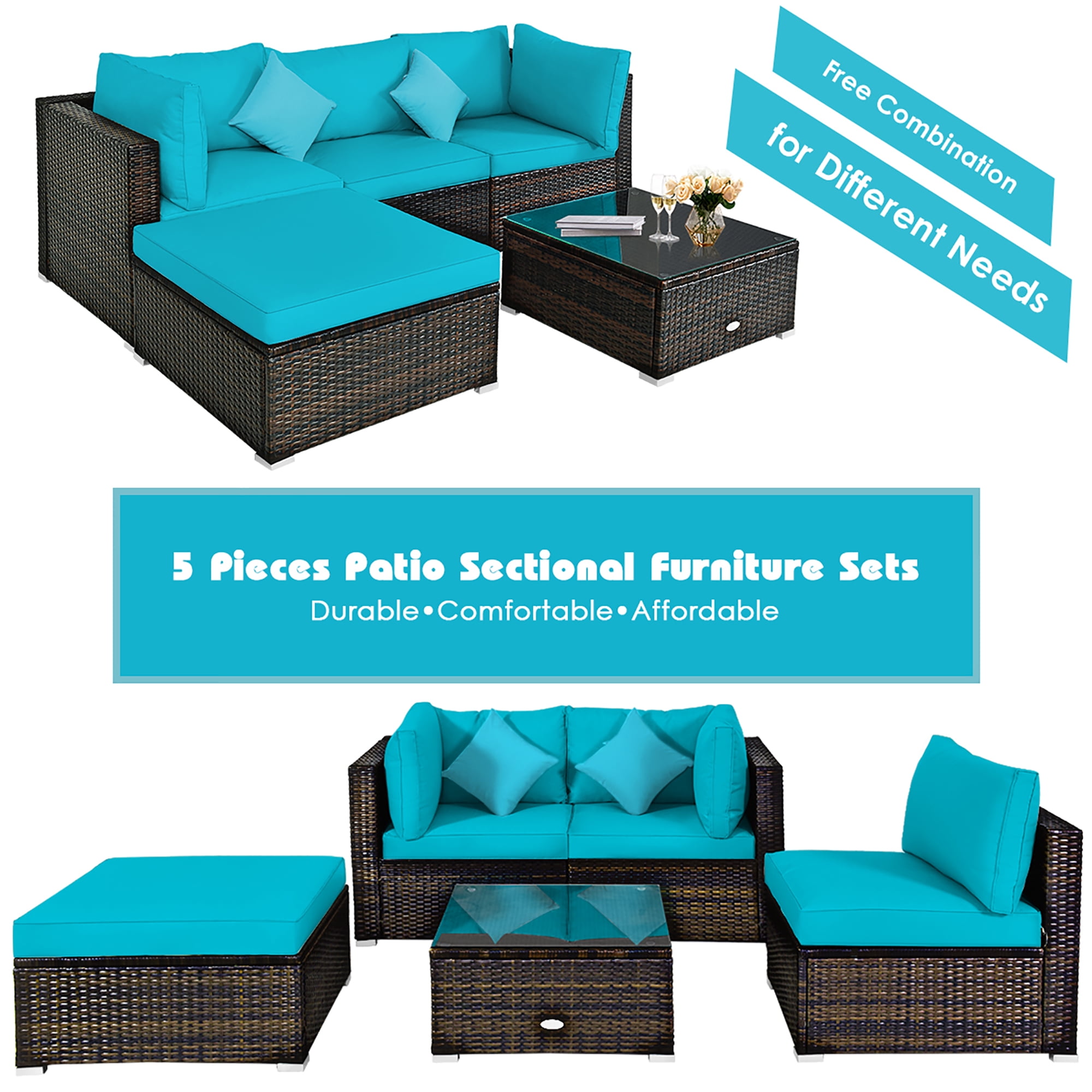 Costway 5PCS Outdoor Patio Rattan Furniture Set Sectional Conversation Turquoise Cushion
