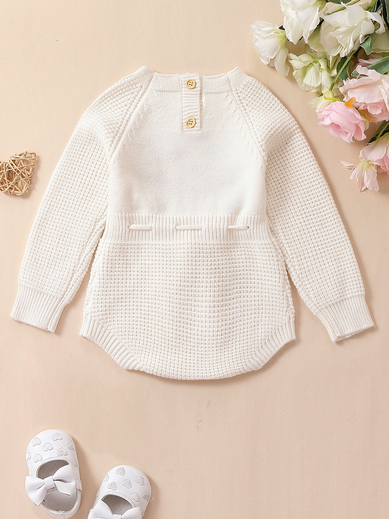 Wassery Baby Girls Knit Rompers Flower Print Crew Neck Long Sleeve Drawstring Onesies Infant Fall Jumpsuits Newborn Casual Bodysuits 0-24M