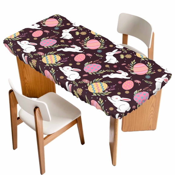 Easter Bunny Eggs Table Cloths for 4 Foot Rectangle Tables, Spring Leaves Daisy Flowers Vintage Purple Patio Waterproof Elastic Fitted Tablecloths, Washable Rectangular Table Cover for Camping