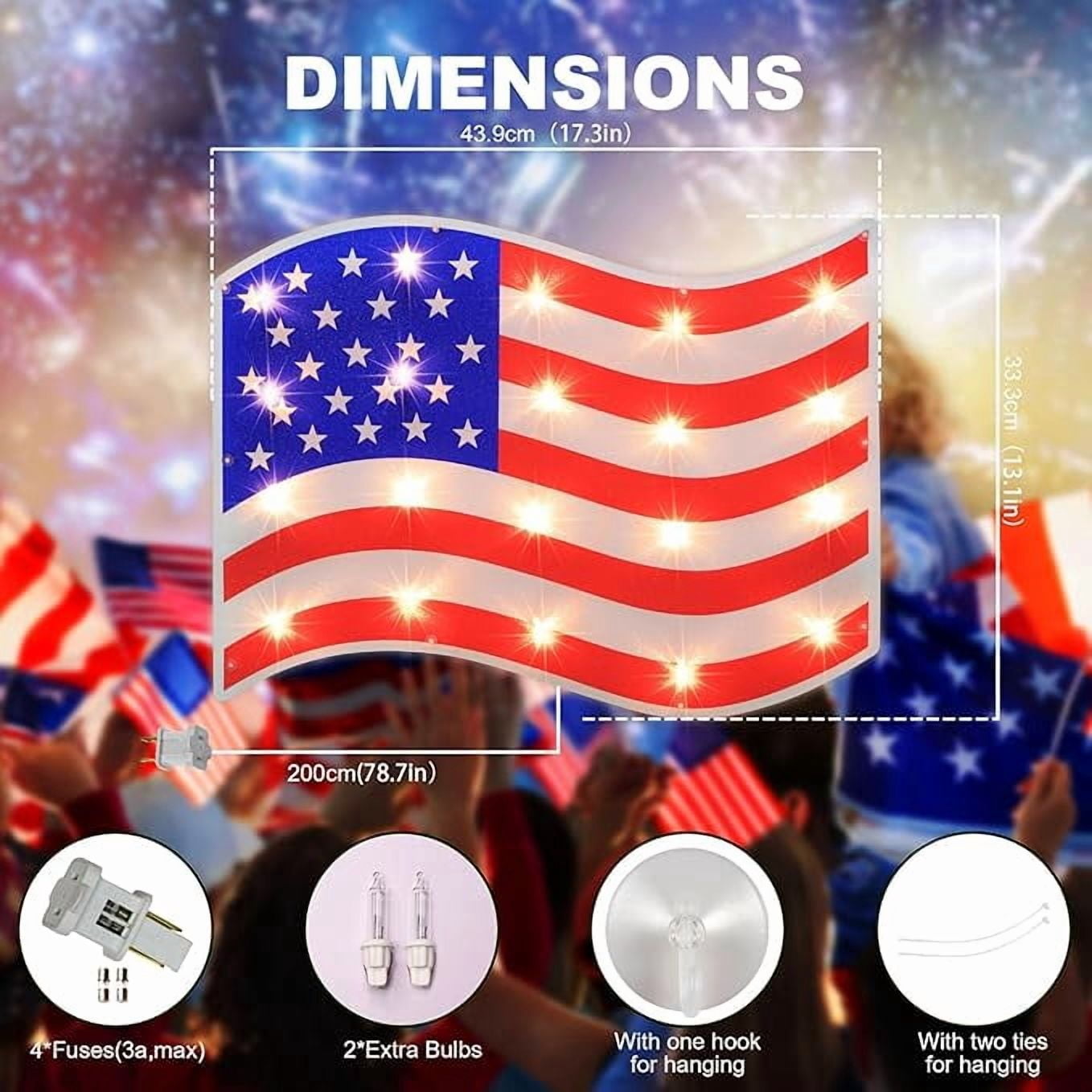 LAMPHOME 17.3'' Lighted Holographic American Flag Window Silhouette Decoration, Red White Blue Patriotic Ornament, Ideal for Independence Day, Memorial Day Holiday Decor