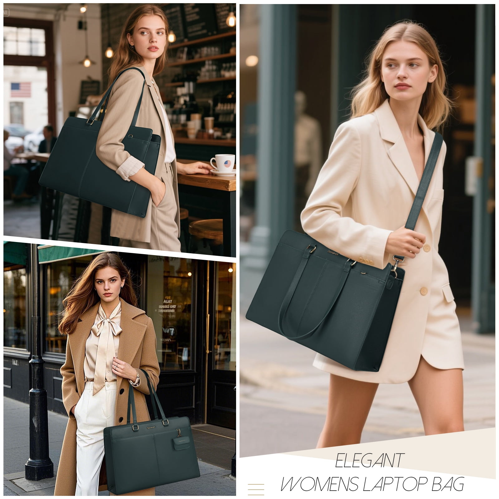 RAINSMORE Laptop Bag for Women 15.8 inch Laptop Tote Briefcase Waterproof Leather Computer Bag Work Tote Bags,Dark Green