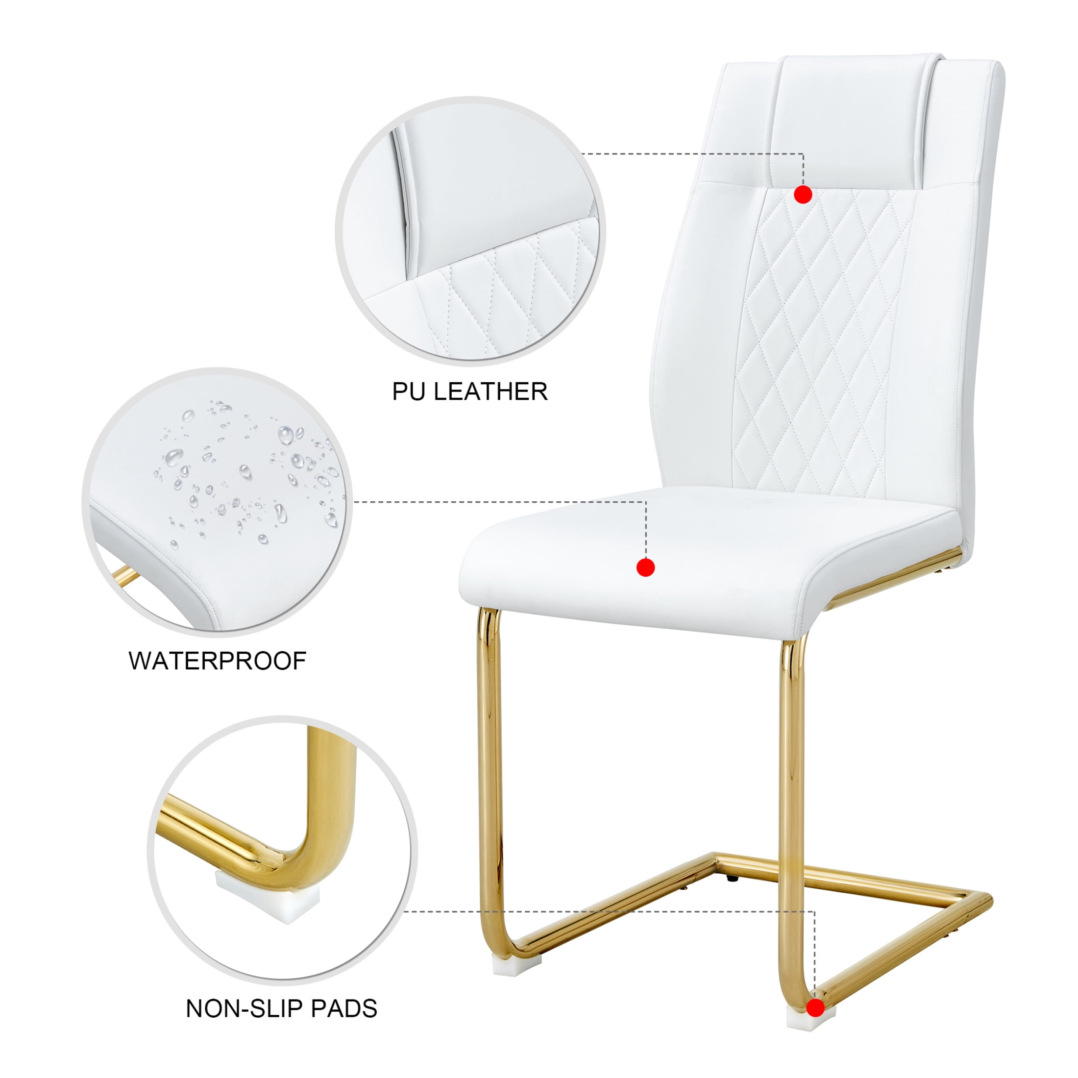Noble House Modern Upholstered Dining Chairs, Faux Leather Padded Seat Side Chair, Golden Metal Legs, White, Set of 4