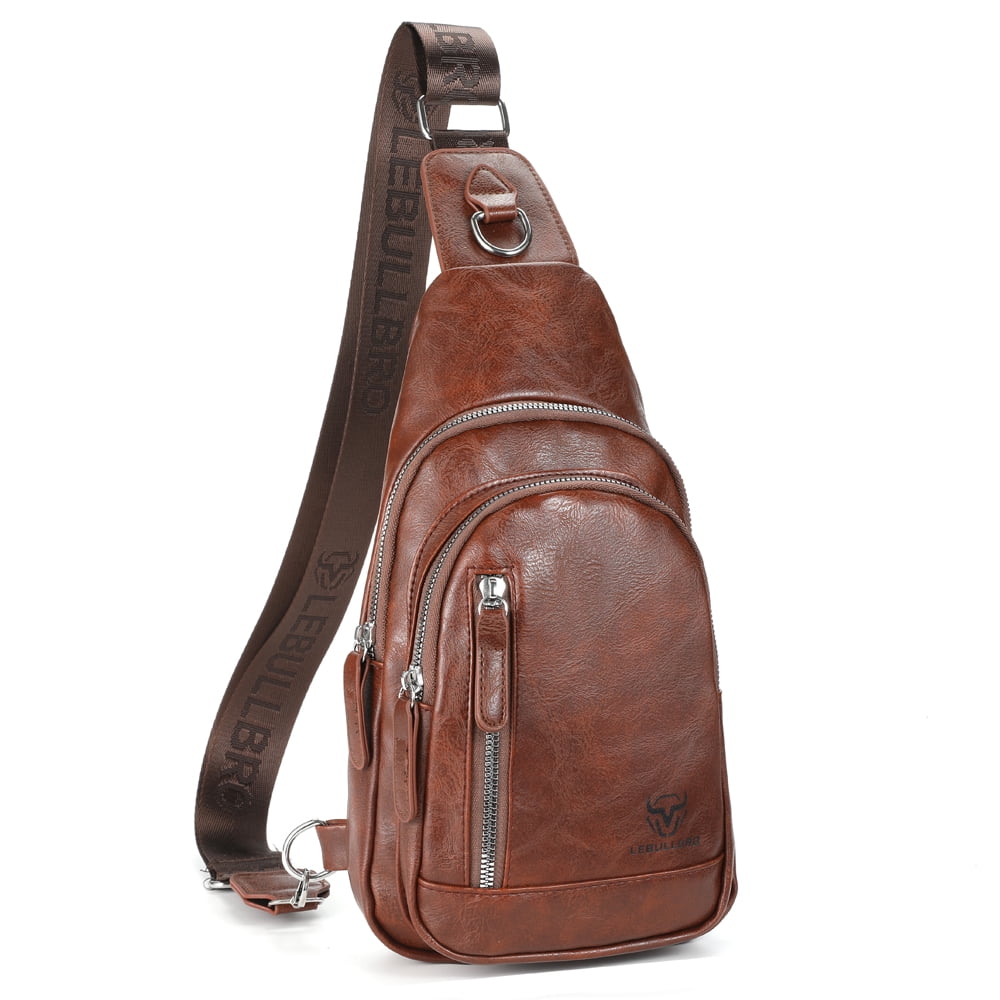 LEBULLBRO Sling Bag for Men Soft Leather Chest Bag Crossbody Backpack Travel Hiking Outdoor Sports Dark Brown