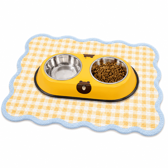 QOPR Double Pet Bowl Set with 2 Removable Stainless Steel Bowls, Non-Slip Yellow Stand and 23.6 x 15.7 in Feeding Mat for Cats and Dogs
