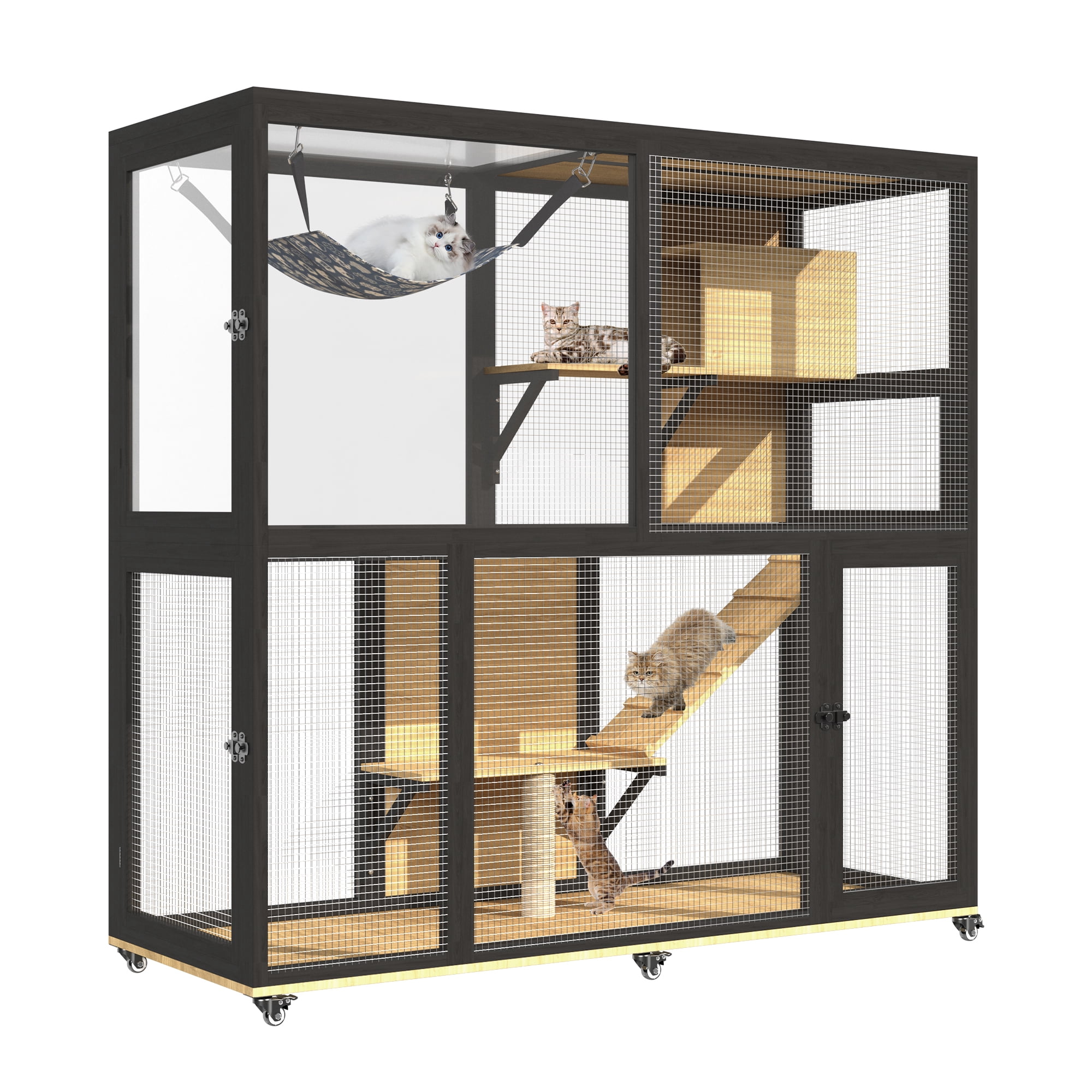 Haverchair 4-Tier Catio Cat Enclosure Outdoor, Portable Cat House Cage for Multiple Cats Indoor, Wood Kitty Condo w/Waterproof Roof Wheels Platforms Hammock Scratching Post for Sunbathing Playing