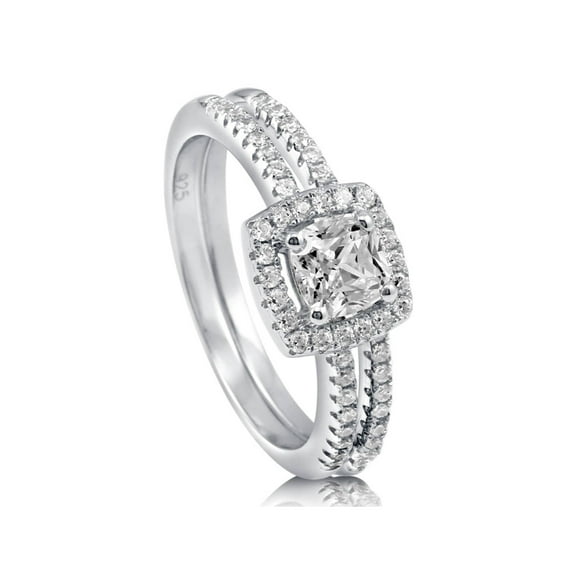 BERRICLE Sterling Silver Halo Wedding Engagement Rings Cushion Cut Cubic Zirconia CZ Ring Set for Women, Rhodium Plated Size 10