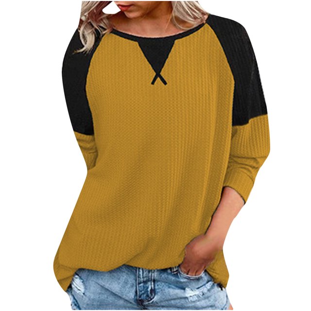 Pompotops Mode Femmes Été T-Shirt Manches Longues Patchwork Top Chemisier
