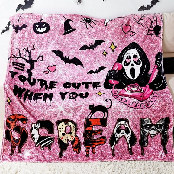 Kuscheln Halloween Throw Blanket Pink, Ultra Soft Ghost Flannel Blanket with Horror Movie, Lightweight Plush Comfy Blanket Halloween Decor for Bed, Couch, Sofa, Living Room, Office, Indoor