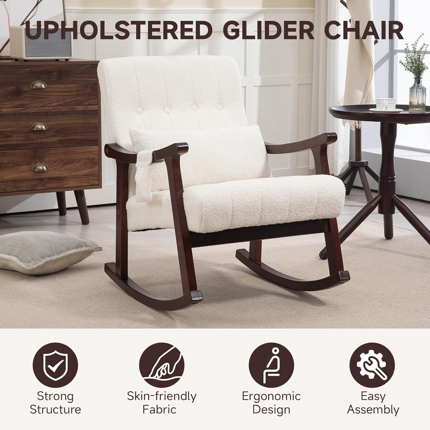 Upholstered Rocking Chair with Massage Lumbar Support,Page 2 Glider Chair with Side Pocket, Nursery Rocker with High Backrest,Rubber Wood Legs, Rocking Accent Armchair for Living Room Bedroom Nursery