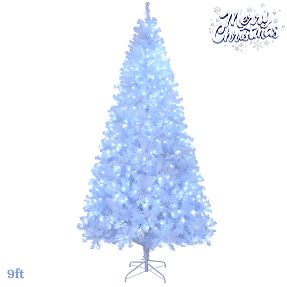 9FT Pre-Lit White Tall Christmas Tree, with Cool White LED Lights, 8 Lighting Modes, 2000 PVC Branches and Iron Stand, Easy Assembly for Holiday Decor