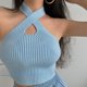 thumbnail image 2 of Tops halter Y2K con parte delantera cruzada de punto acanalado, camisetas sin mangas para mujer, tops cortos con hombros descubiertos para mujer, atuendo de verano 2024, 2 of 5