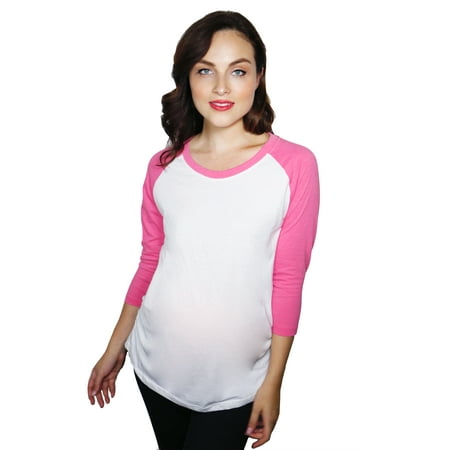 

Maternity Raglan Shirt Comfortable 3/4 Long Sleeve Ruched Pregnancy Baseball Top (Pink) - M
