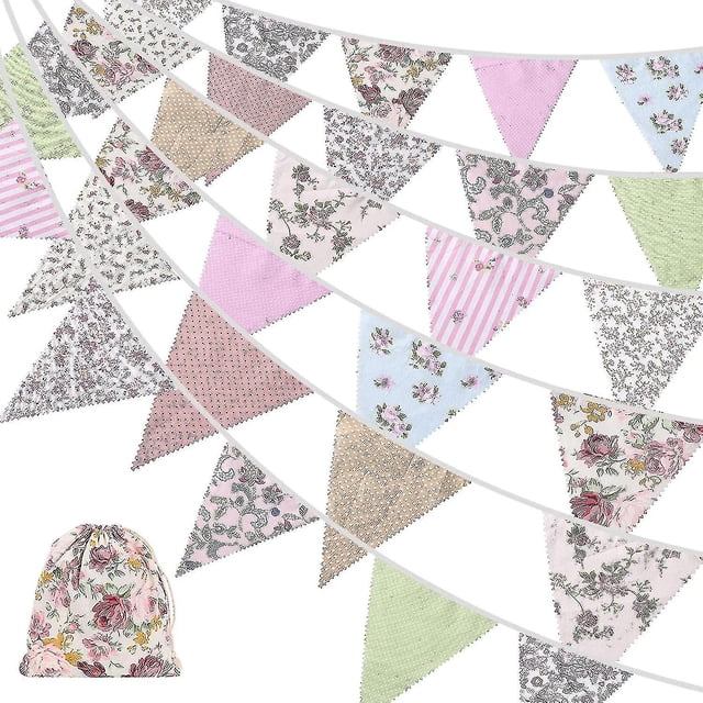 Banderines de tela de 40 pies, 42 piezas para exteriores, banderines triangulares de algodón vintage con diseño floral para fiestas de cumpleaños en el jardín