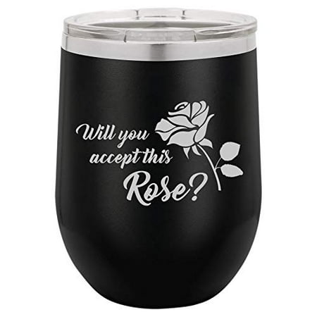 

12 oz Double Wall Vacuum Insulated Stainless Steel Stemless Wine Tumbler Glass Coffee Travel Mug With Lid Will You Accept This Rose (Black)
