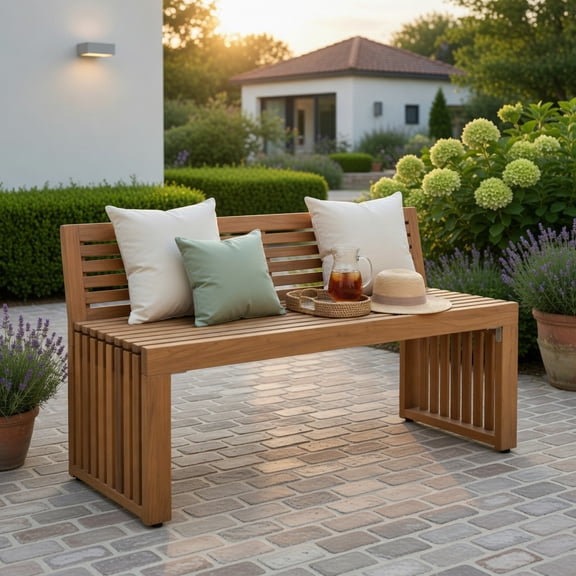 Hommoo 36" Acacia Wood Outdoor Patio Bench, Teak Finish Slatted Loveseat for Backyard, Poolside & Porch, Natural