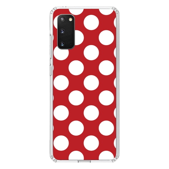 DistinctInk Clear Shockproof Hybrid Case for Galaxy S20 / S20 5G (6.2" Screen) - TPU Bumper, Acrylic Back, Tempered Glass Screen Protector - White & Red Polka Dots