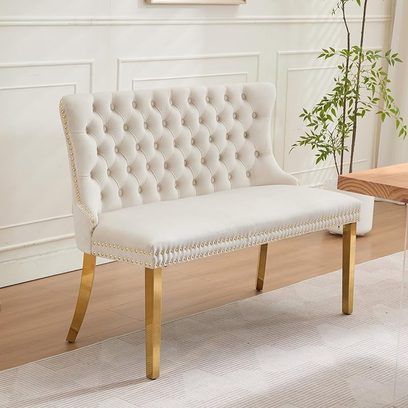 Modern Velvet Double Dining Loveseat Bench, 2 - Seat Tufted Wingback Bench with Handmade Buttons, Gold - Plated Steel Legs, Upholstered Armless Dining & Living Room Seating