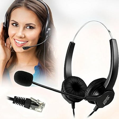 AGPtEK Hands-free Call Center Noise Cancelling Corded Binaural Headset Headphone with 4-Pin RJ9 Crystal Head and Mic Mircrophone for Desk Phone - Telephone Counseling Services, Insurance,