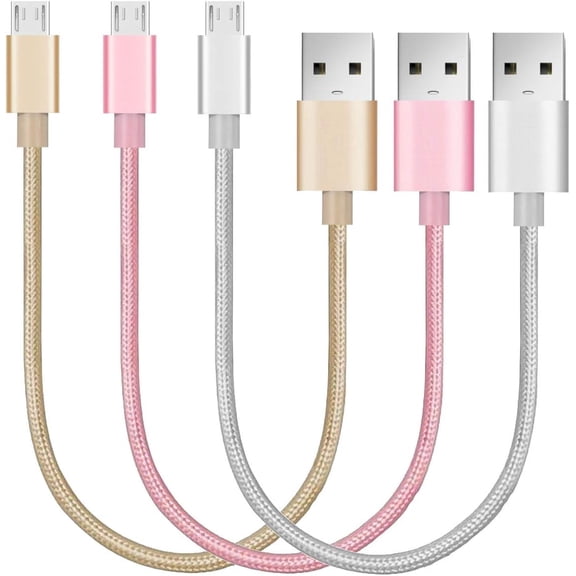Micro USB 2.0 Cables, Micro USB Male to USB-A Male Fast Charger Cable Cords, High Speed Data and Charging, Nylon Braided, 3-Pack, 8-Inch, Silver, Gold, Pink