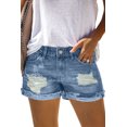 thumbnail image 1 of Women's Distressed Ripped Rolled Hem Sky Blue Denim Shorts, 1 of 15