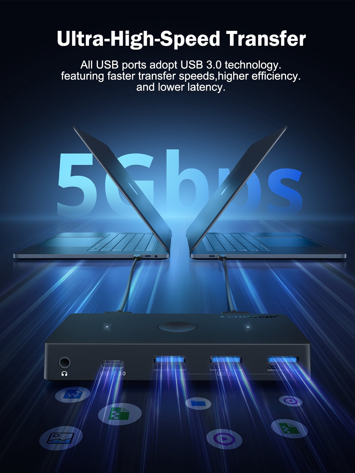 Lemorele USB 3.0 Switch, 2 PCs to Share Multiple Devices, 2-in 5-out KVM Switch, One-button Switching, USB 3.0 Sharing Switcher Hub for Windows/Mac/Linux/Android,Plug & Play