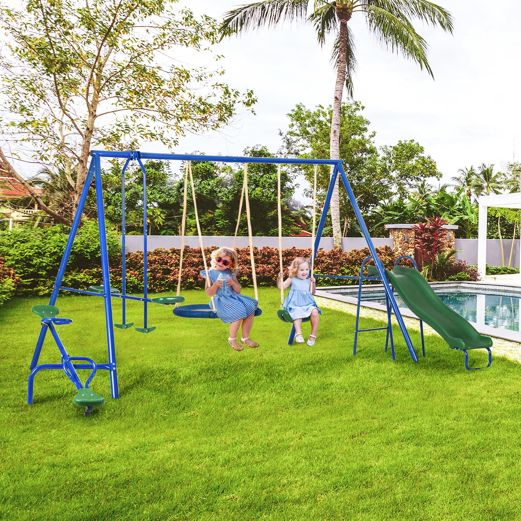 5-in-1 Heavy Duty Swing Set for Backyard, 616LB Capacity Outdoor Playset with Slide, Seesaw, Saucer Swing & Glider, Blue Steel A-Frame Kids Playset