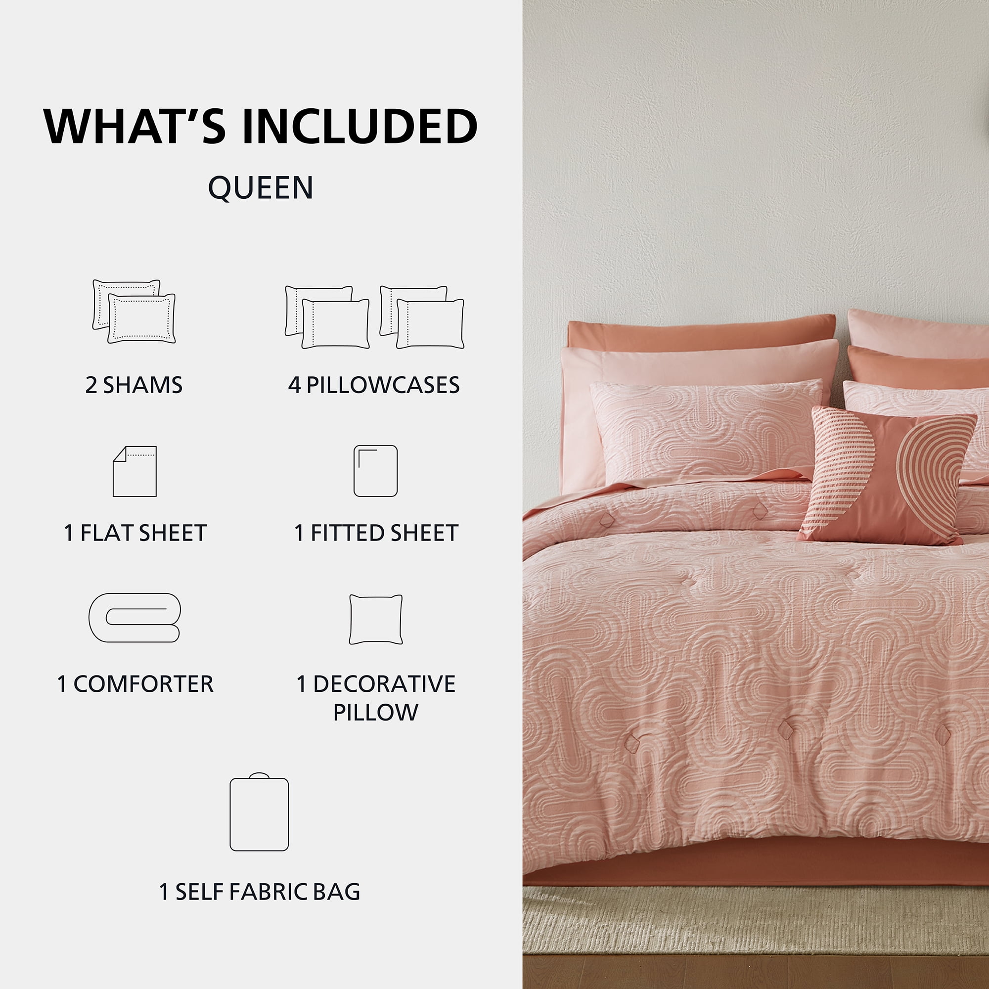 Mainstays All in One Reversible Comforter and Sheet set- 11 Piece, Queen, Pink Arch