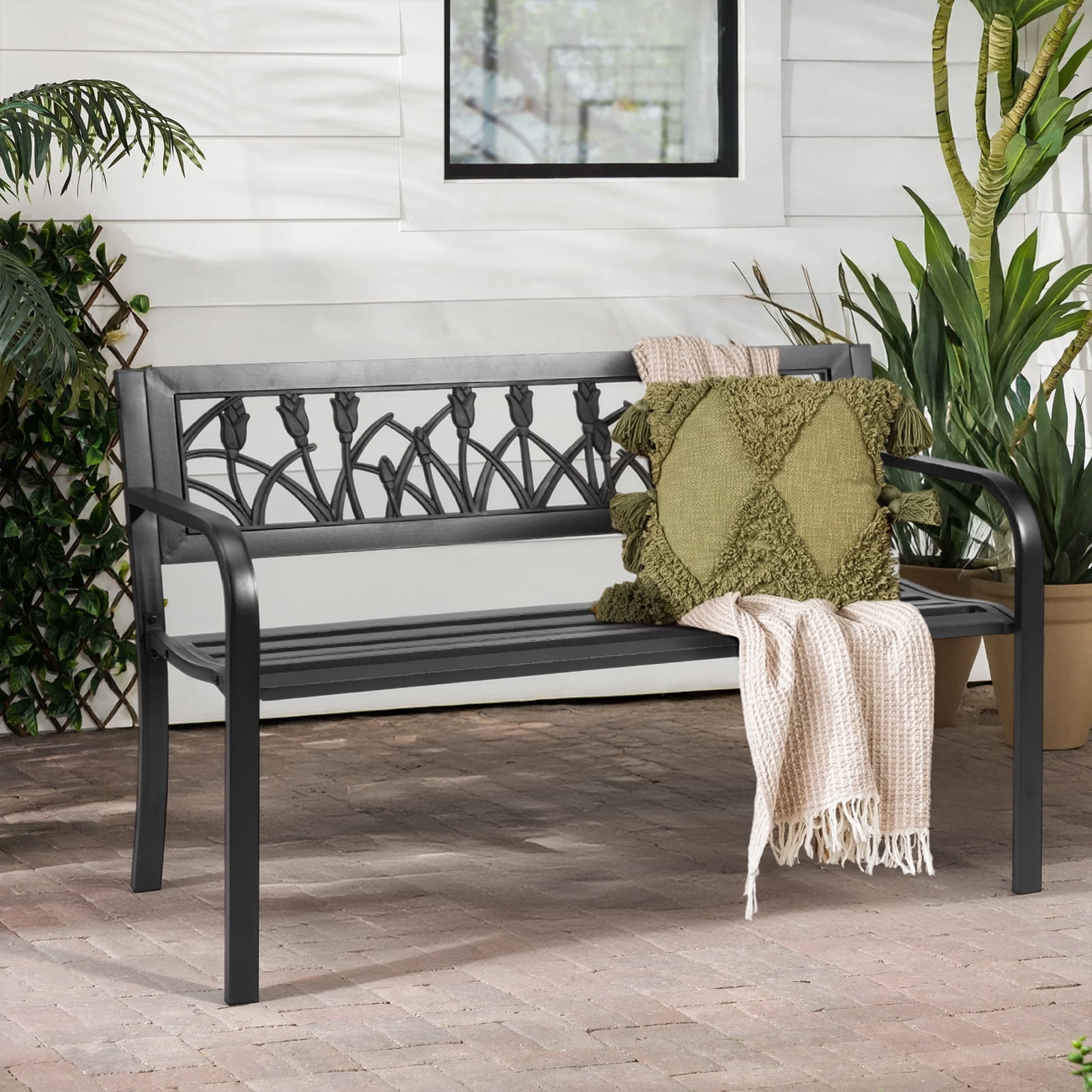49in PVC Tulip Backrest Iron Bench, Black