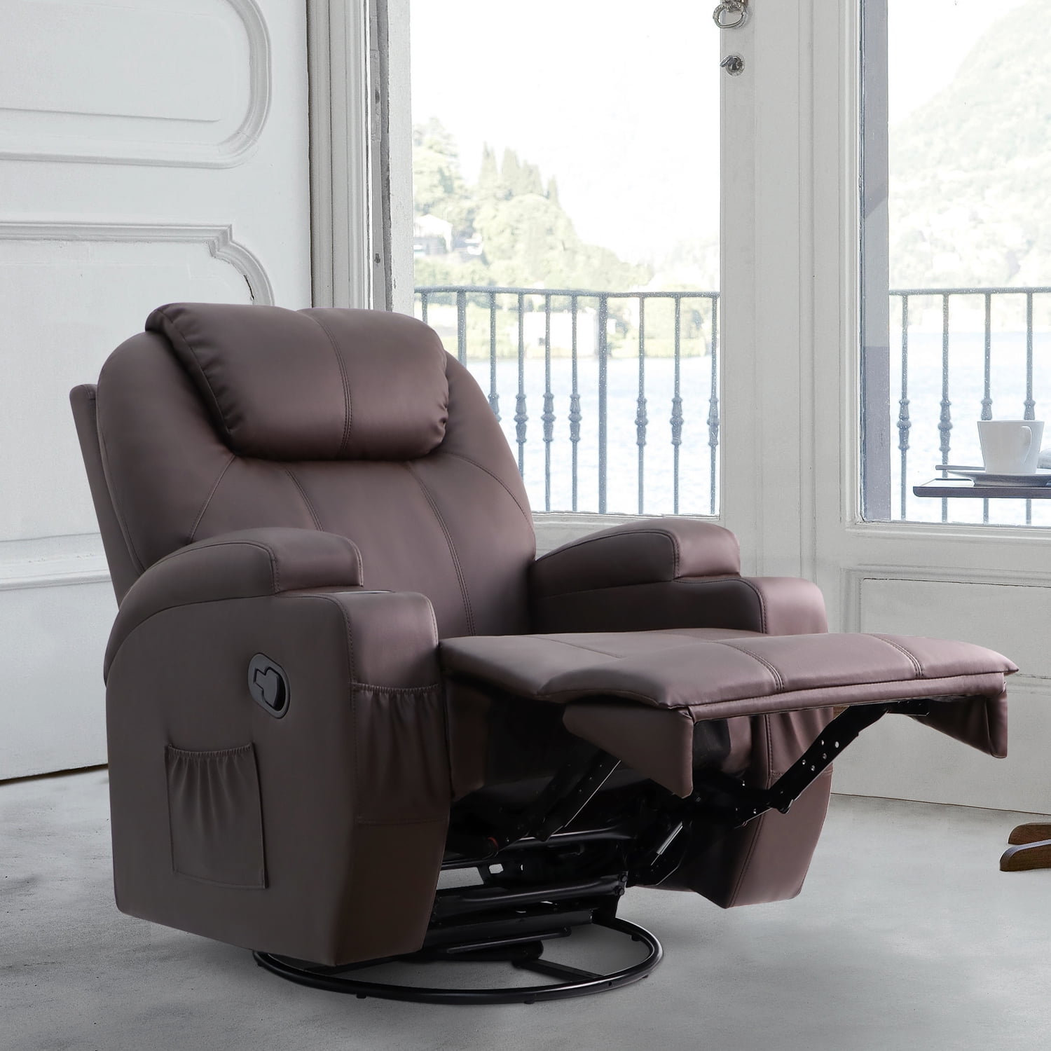 Homall Swivel Rocking Recliner Chair Massage PU Leather 360 Swivel Rocker Recliner Living Room Chair Home Theater Seating,Pu Leather Brown
