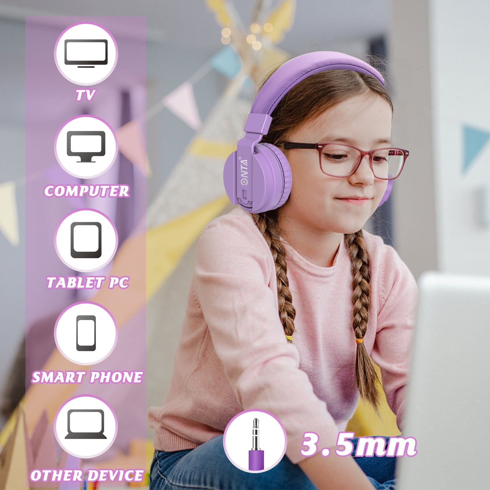 ONTA Kids Headphones Foldable Adjustable Stereo Wired for School Computer Laptop Game purple Walmart