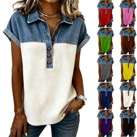 Hinvhai Shirt for Women Imitation Denim Patchwork Button Up Collared Shirts Casual Loose Short Sleeve Plus Size Tops Yellow XXXXXL(XXXXXL)