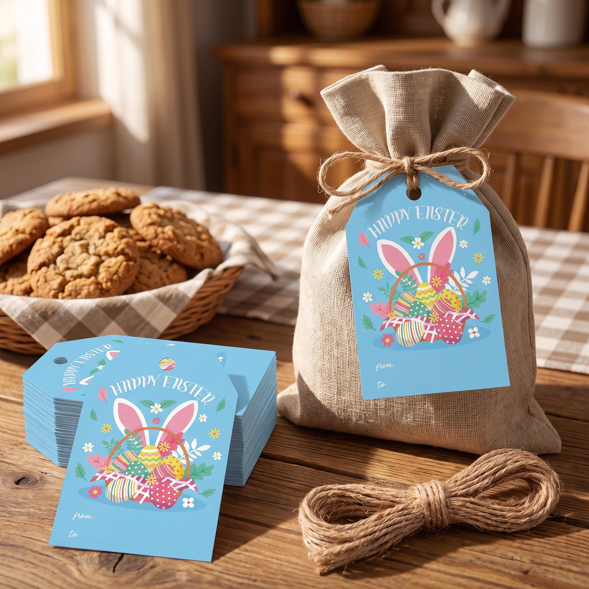 Unique Bargains 100Pcs Easter Gift Tags with Twine for Wrapping Basket Pattern 2" x 3.1"