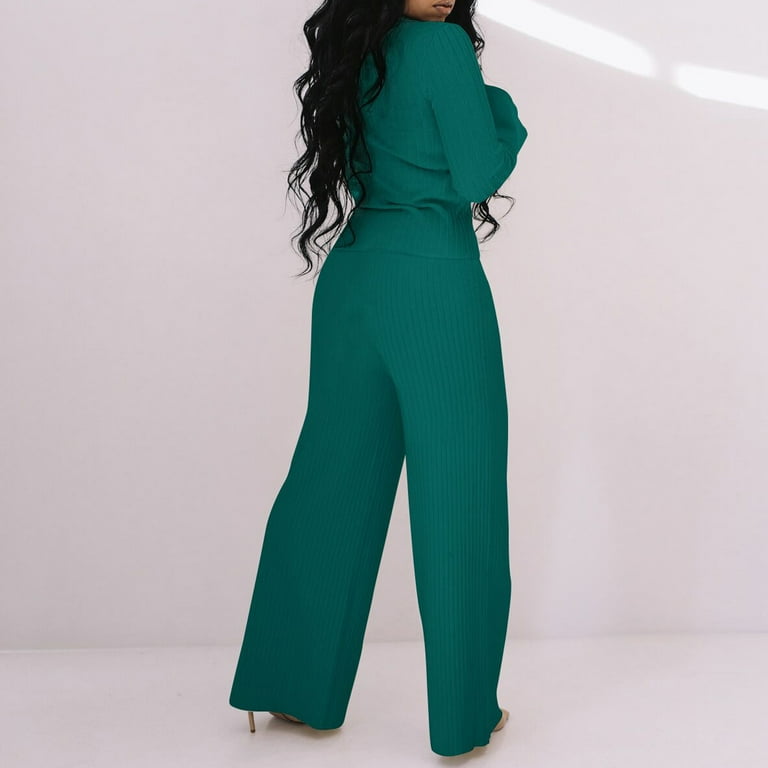 Lounge Sets Clearance under 20 Women S Fashion Flare Sleeve Button Top Solid Color Wide Leg Pants Casual Suit Green Xl