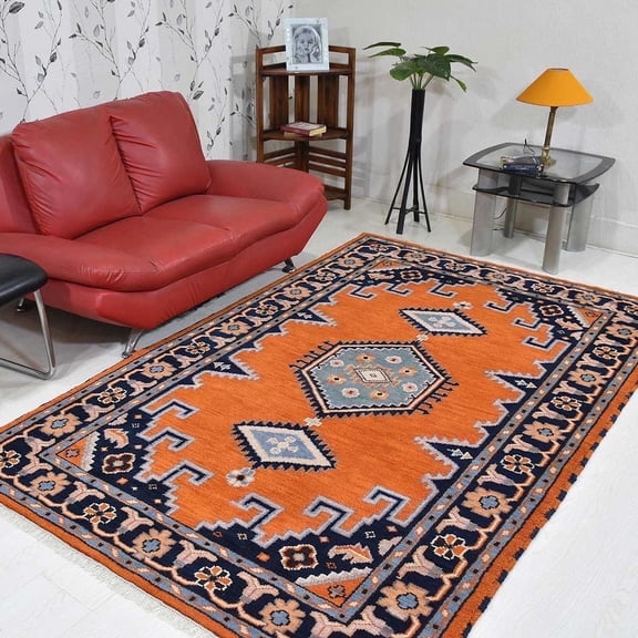 Rugsotic Carpets Hand Knotted Afghan Rugs Rectangle 4'x6' Dark Orange Navy Silk-Wool for Indoor Use