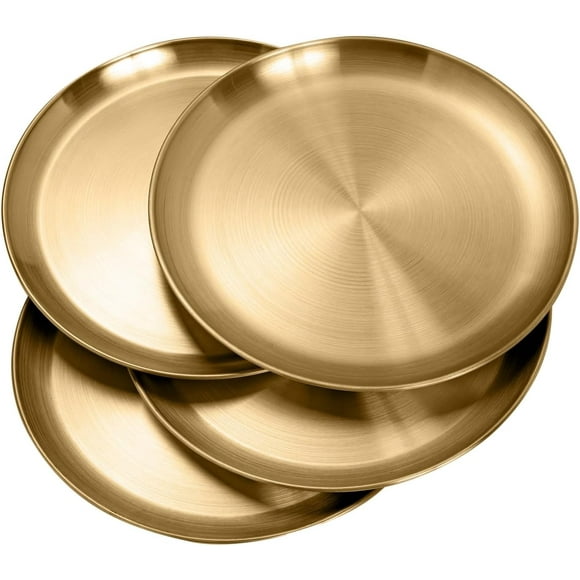 Stainless Steel Plates 304 Metal Gold Dinner Plates Unbreakable Dinner Dishes Plates Set for Barbecue Kitchen Home Camping Outdoor Party (10inch 4Pcs)