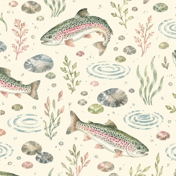 Peel and Stick Wallpaper Watercolor Trout Fish Aquatic Plants Rocks Wall Mural 17.7in x 9.8ft Self Adhesive Removable Wall Paper Renter Friendly Wallpaper for Bedroom Lake House Decor