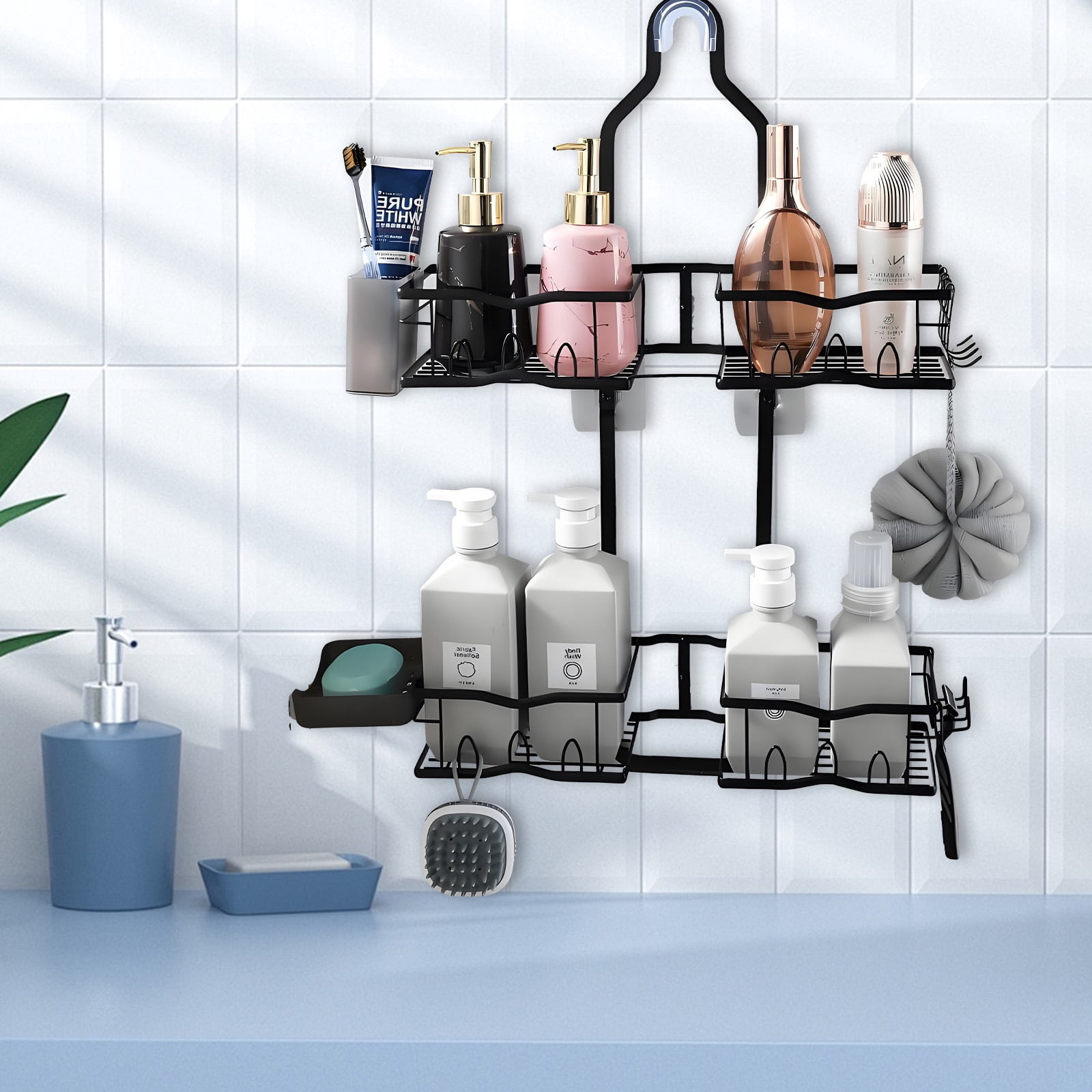 VEGCOO Over The Shower Head Caddy - 2 Tier Hanging Rustproof Metal Shower Organizer with Integrated Toothbrush Holder & Soap Dish, No Drill Adjustable Bathroom Shelf, for Shampoo, Loofah, Razors