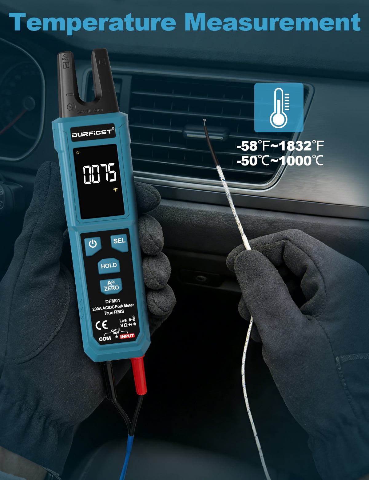 Clamp Meter, DURFICST Digital Auto Ranging Amp Meter TRMS 4000 Counts, Clamp Multimeter with AC/DC Current & Voltage, NCV, Resistance, Capacitance, Frequency, Continuity, Live Wire, Temperature Test