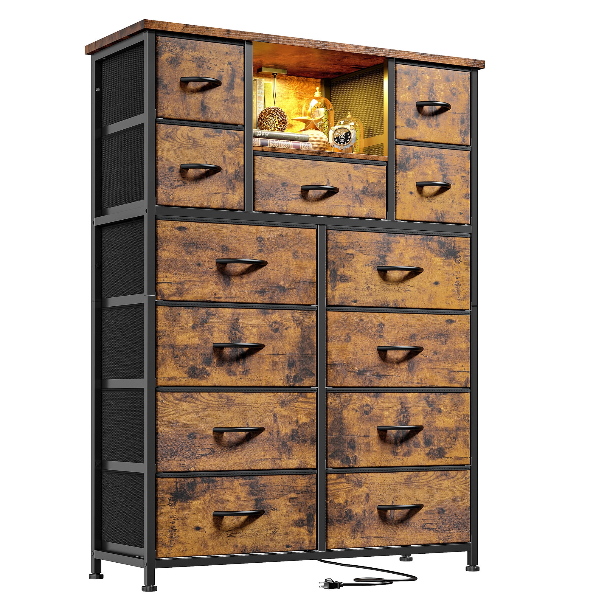 Dresser for Bedroom with 13 Fabric Drawers Tall Dresser with LED Light & Charging Station, Rustic Brown