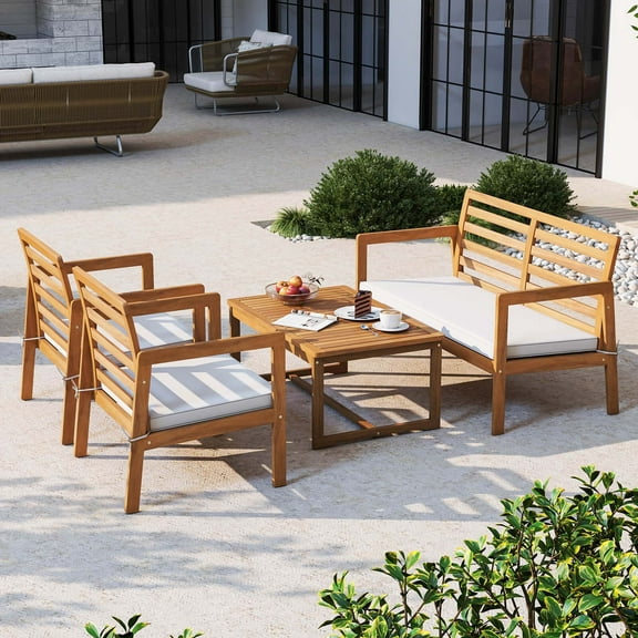 Costway 4 PCS Wood Patio Furniture Set with Soft Seat Cushions Solid Acacia Wood Frame