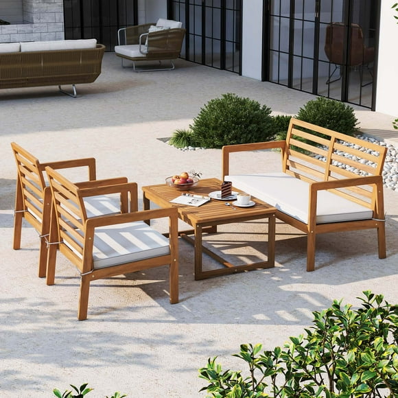 Costway Ensemble de Mobilier de Patio en Bois 4 Pcs avec Coussins d'Assise Doux Cadre en Bois d'Acacia Massif