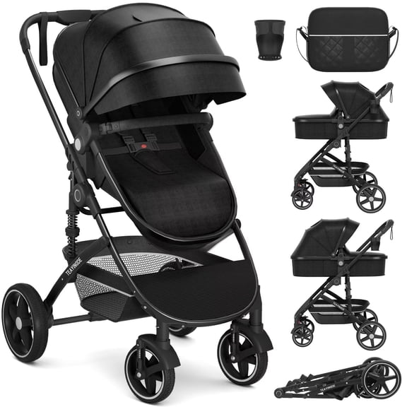 babyeap 2 in 1 Baby Stroller,Convertible Bassinet Pushchair with Cup Holder、Storage Bag,Black