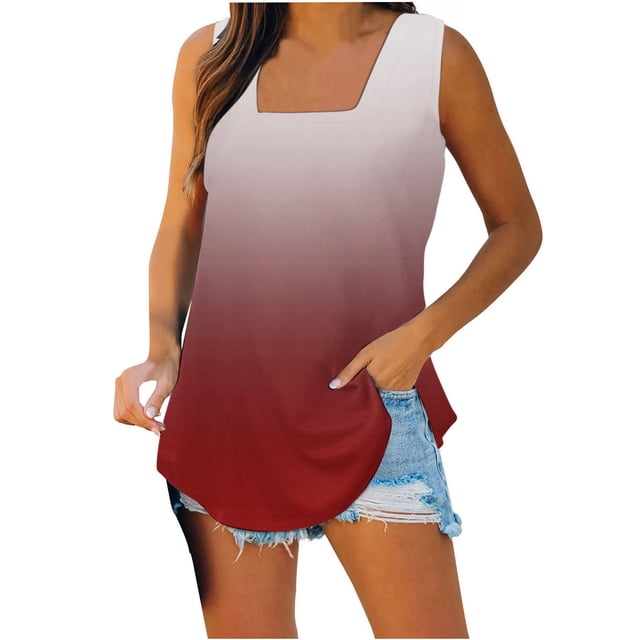 Timegard Plus Size Tank Tops for Women Square Neck Gradient Color Side Split Comfy Casual Sleeveless Top