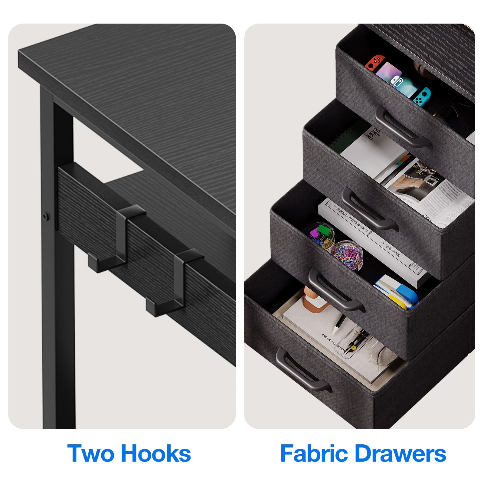 Reversible L Shaped Corner Desk with Charging Station and Drawers, Modern Office & Gaming Desk, Pure Black