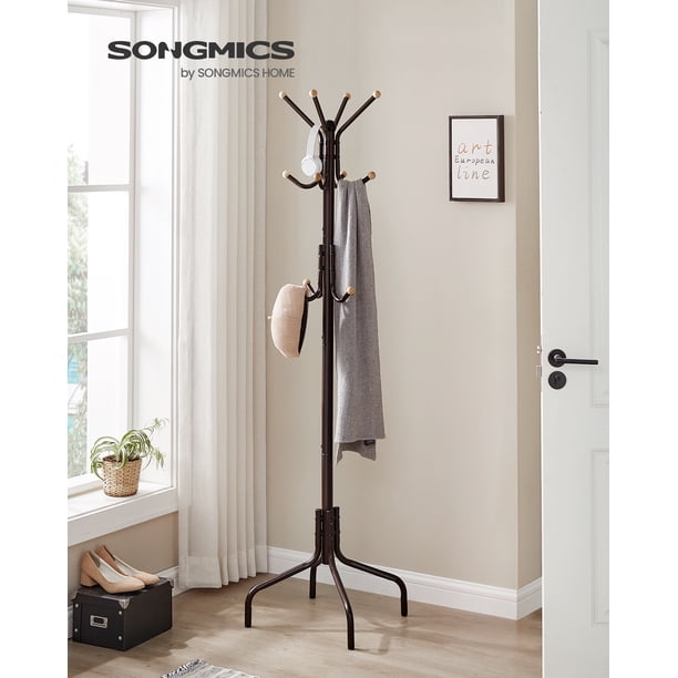 SONGMICS URCR031B01 - Perchero de metal con 12 ganchos y 4 patas, para ropa, sombreros y bolsas, para entrada, sala de estar, recámara, color negro